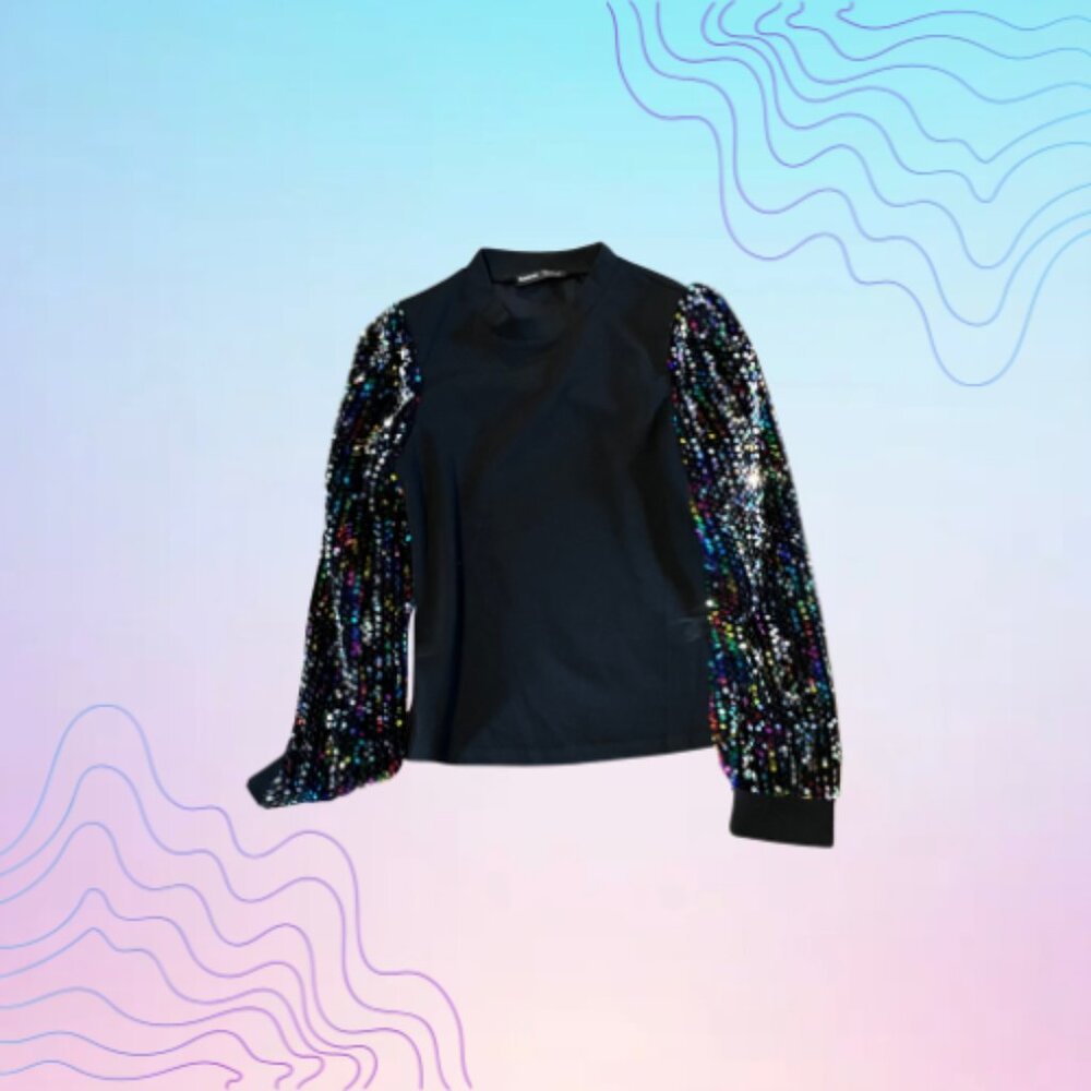 SHEIN Black Sequin Balloon Sleeve Party Top